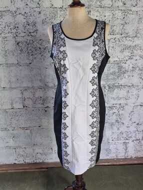 Worthington Black and White Floral-Panel Midi Sheath Dress